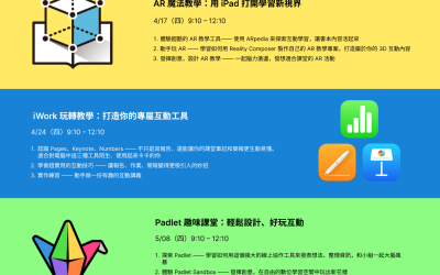 Invitation to “AR augmented reality tools“, “iWork applications“, and “the Padlet online collaboration platform“ workshops. (Registration Deadline: 4/9)
